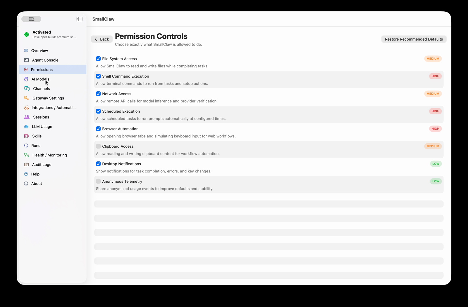 SmallClaw native macOS agent console showing permissions, skills, channels, and runtime controls