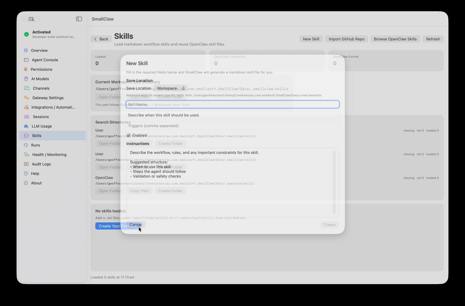 SmallClaw model settings screen